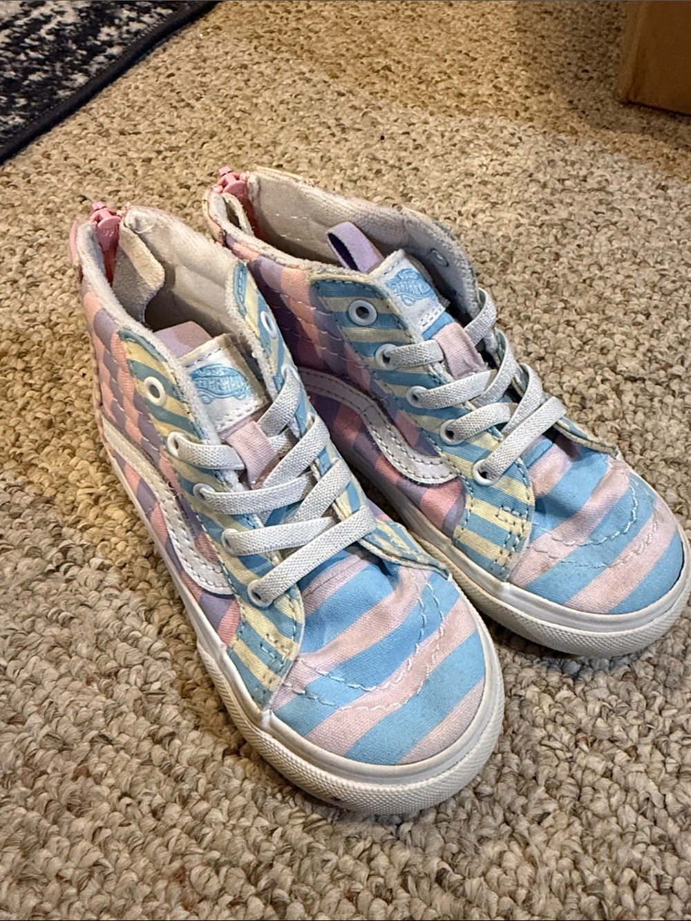 Vans Kids High-Top Sneakers in Pastel Blue, Pink & Cream Stripe